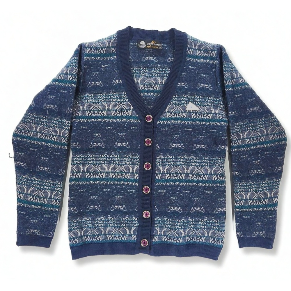 Monte Carlo Cardigan Small Fair Isle Sweater Wool Blend Geometric Knit Preppy